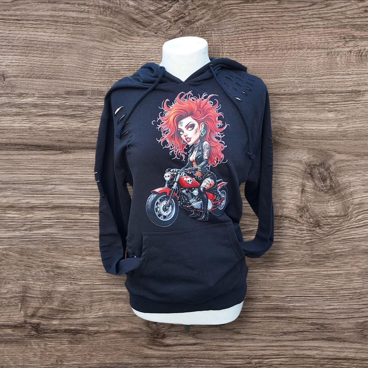 Tattoo Inspired Hoodie Rose Skull & Girl Art on Grey Distressed Edgy Gothic Top - Unisex Clothing for Him or Her