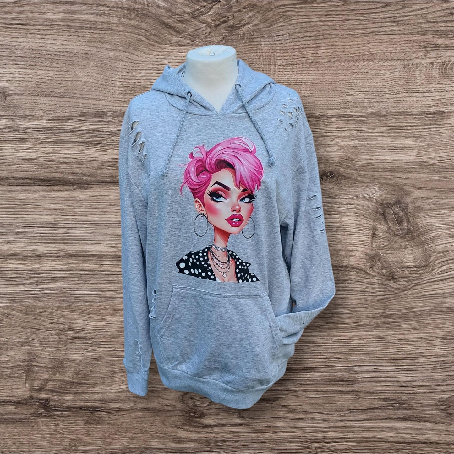 Fierce Rock Chick Hoodie – Distressed Grey Streetwear, Alternative Clothing for Him or Her, Vintage Vibe,