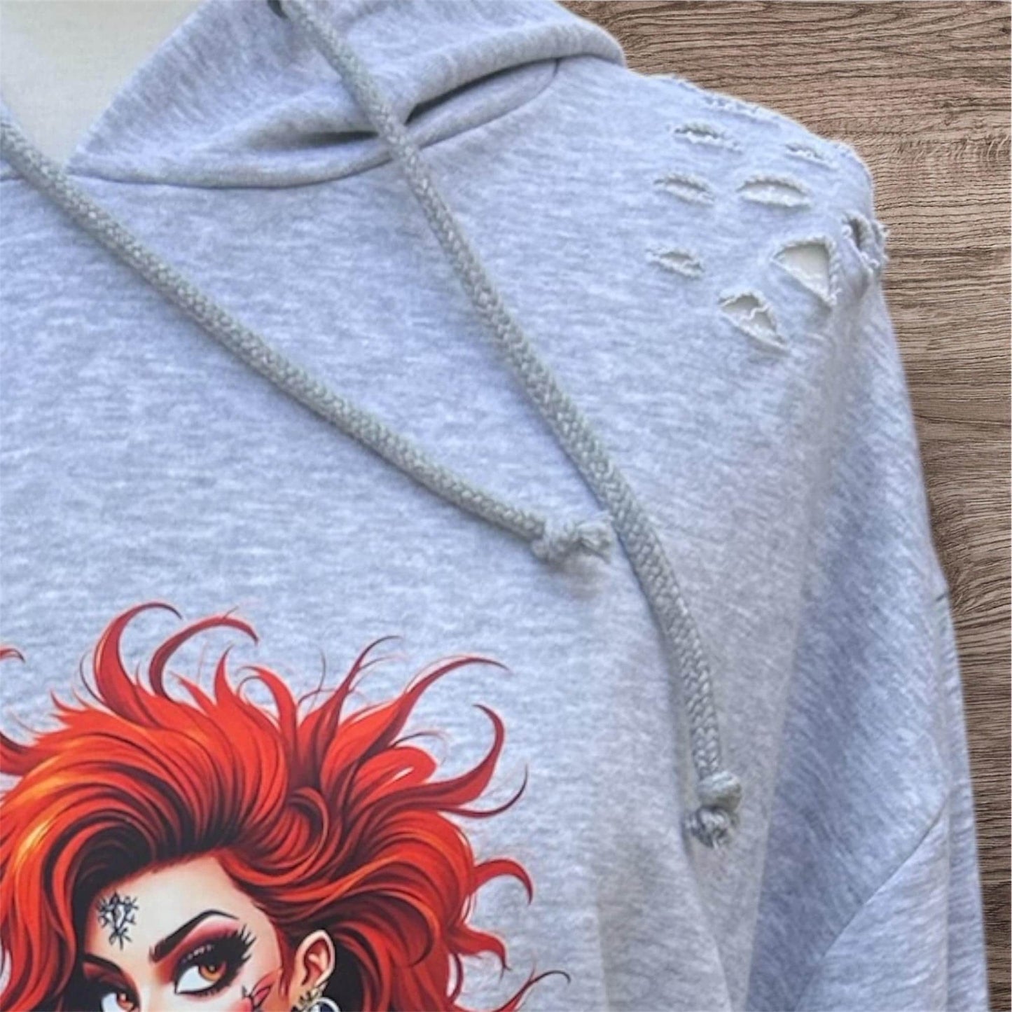 Rebel Girl with Red Hair Hoodie - Rock Chick, Black Distressed Clothing - Motorcycle Unisex Streetwear for Him or Her