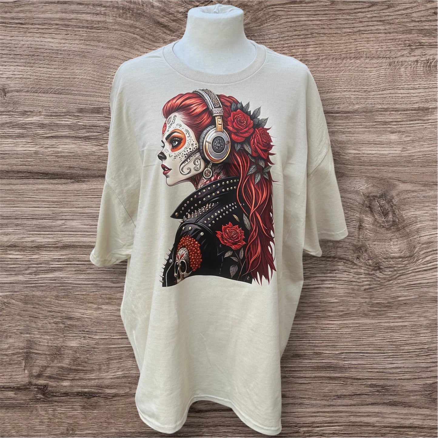 Day of the Dead Rock Chick T-shirt in Cream, Rebel Girl, Gifts for Him or Her, Vintage Vibe, Cook, style, attitude, Stylish