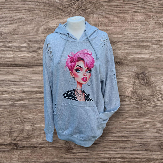 Edgy Pink Hair Girl Hoodie – Distressed Grey Streetwear, Alternative Clothing for Him or Her, Fashionistas