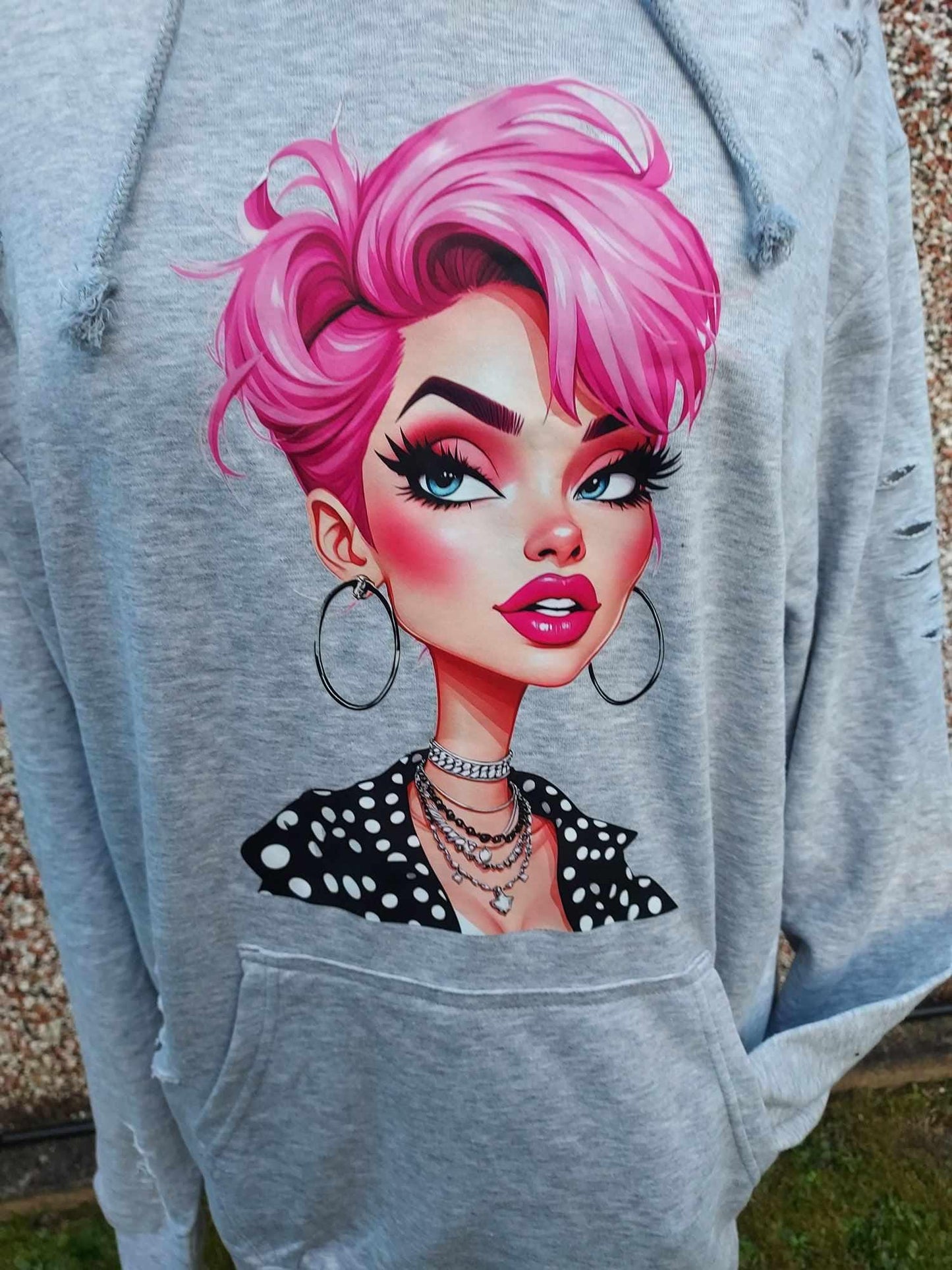 Edgy Pink Hair Girl Hoodie – Distressed Grey Streetwear, Alternative Clothing for Him or Her, Fashionistas