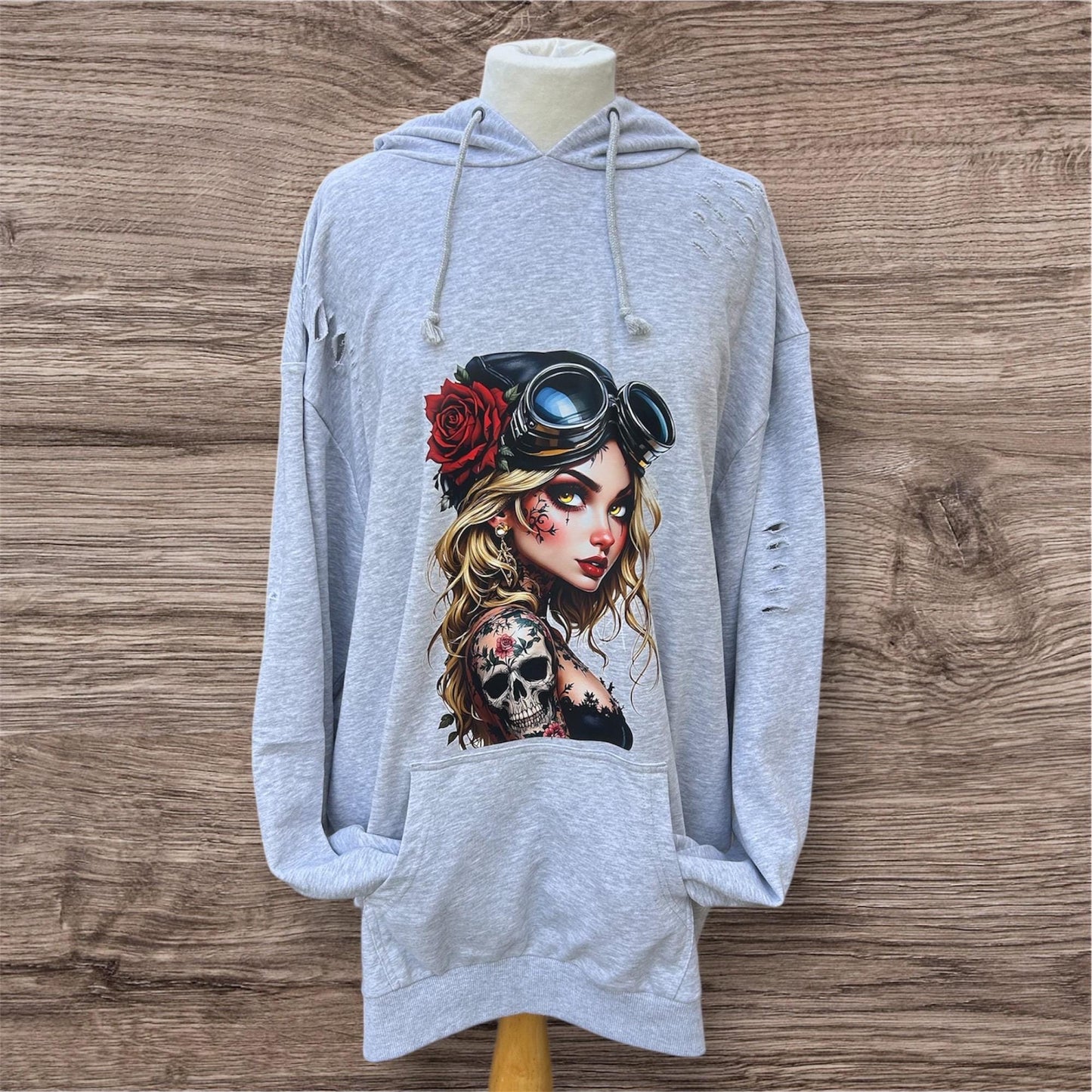 Zombie Mombie Hoodie – Distressed Grey Streetwear, Cocktail Chick, Alternative Clothing for Him or Her, Vintage Vibe,