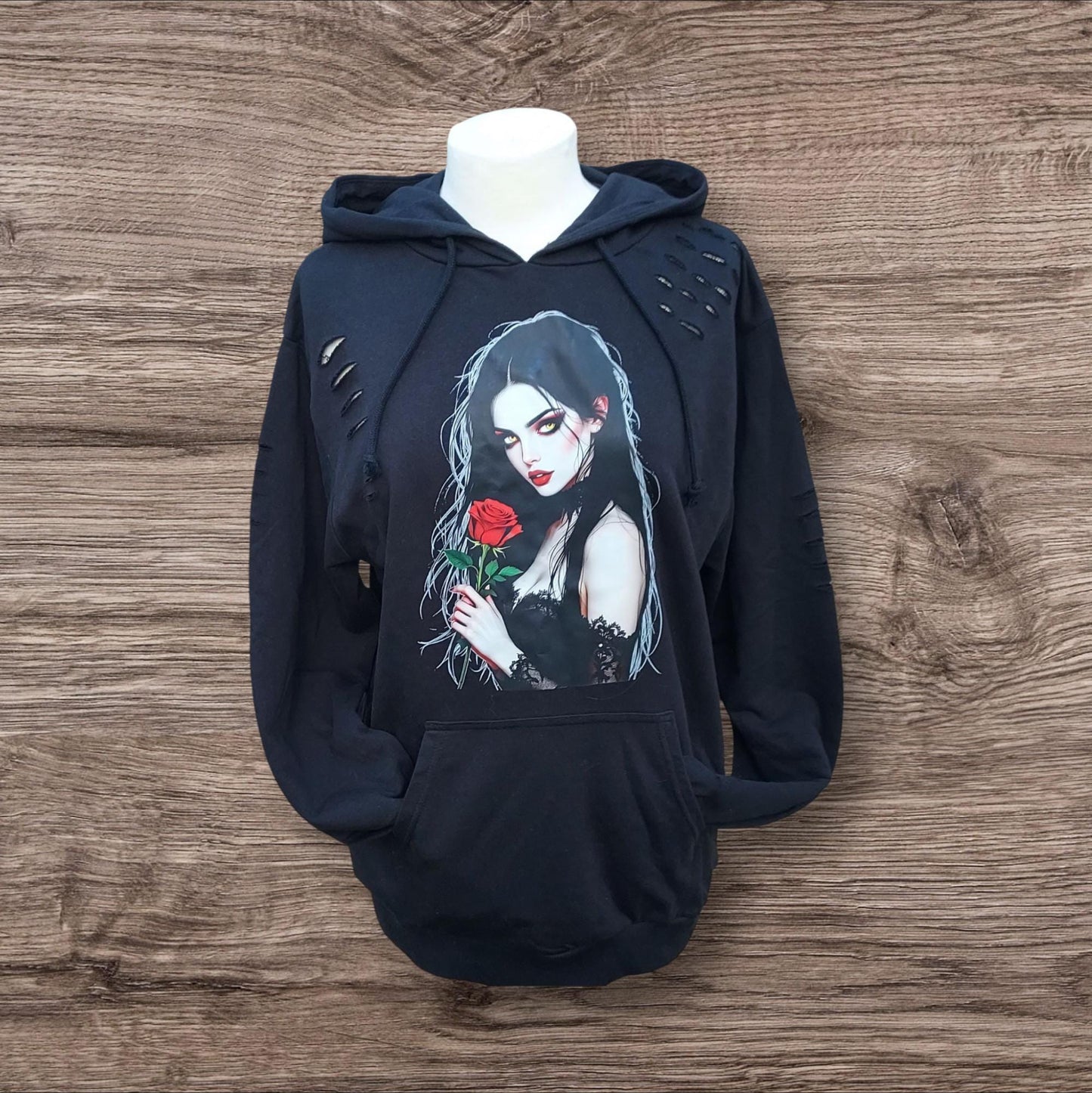 Alternative Goth Hoodie Rose Girl Graphic has a  Black Distressed Streetwear Vibe, for Him or Her, Gothic,