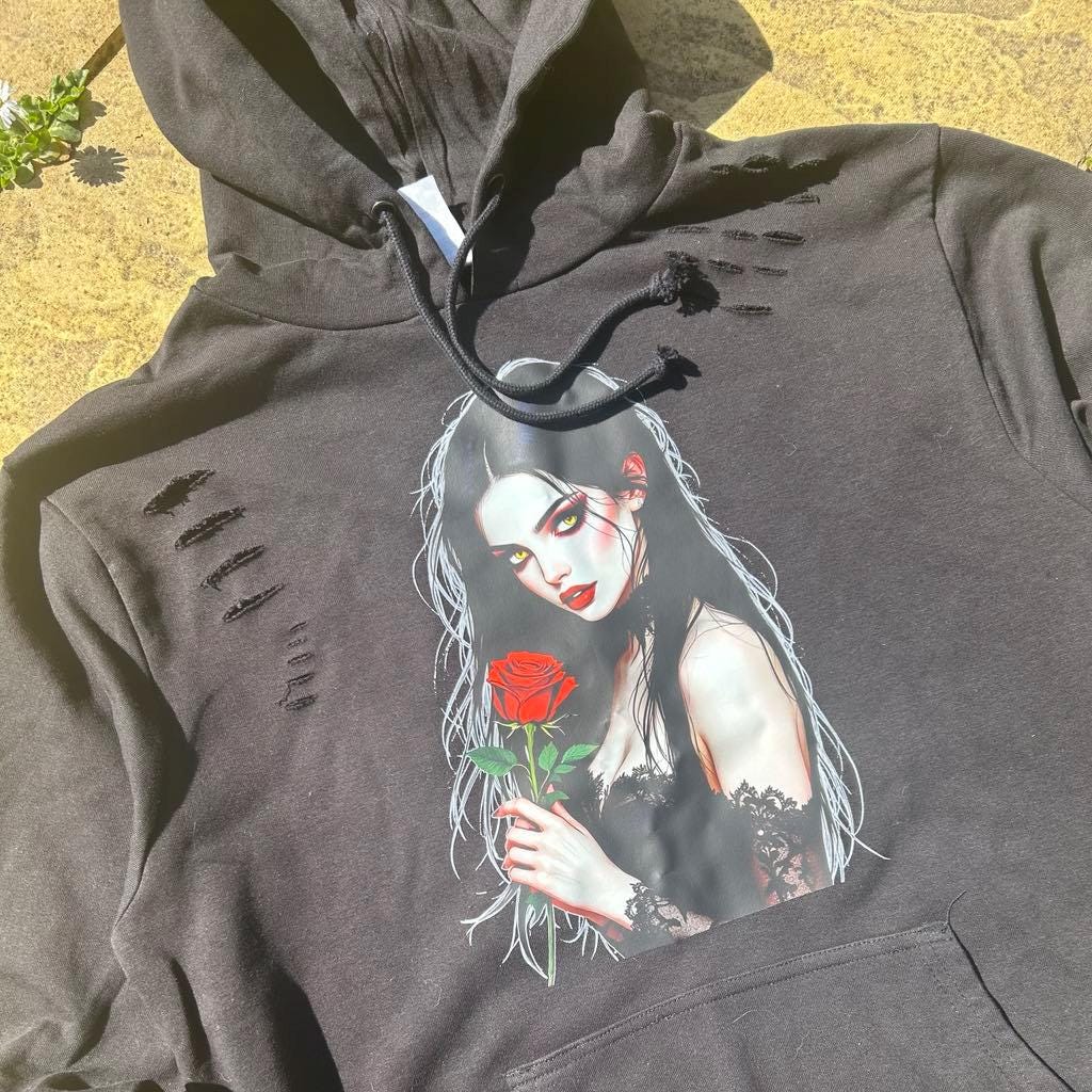 Alternative Goth Hoodie Rose Girl Graphic has a  Black Distressed Streetwear Vibe, for Him or Her, Gothic,