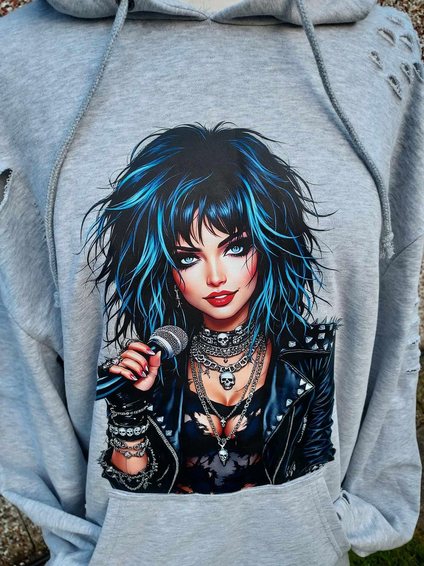 Edgy Rock Singer Hoodie – Distressed Grey Rock Style, Edgy Alternative Clothing for Him or Her