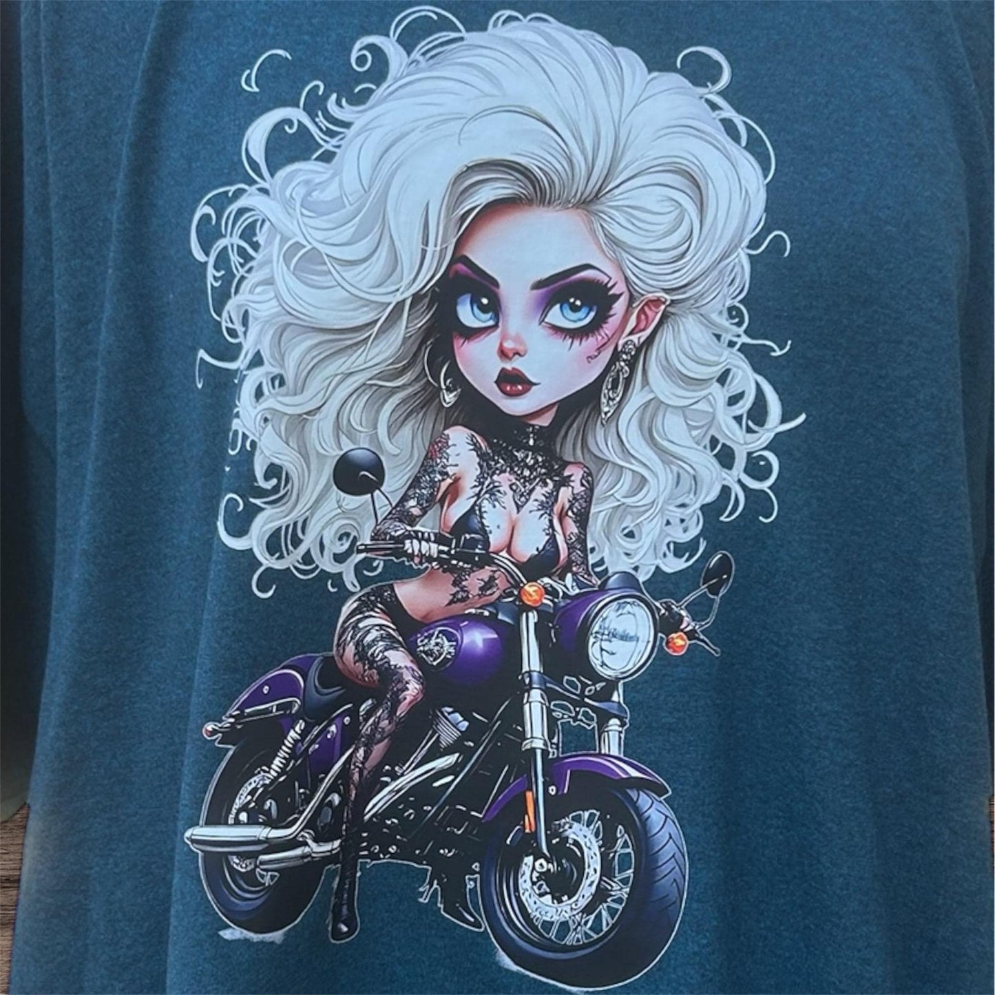 T-shirt with a graphic of a woman with white hair tatoos and bike chic