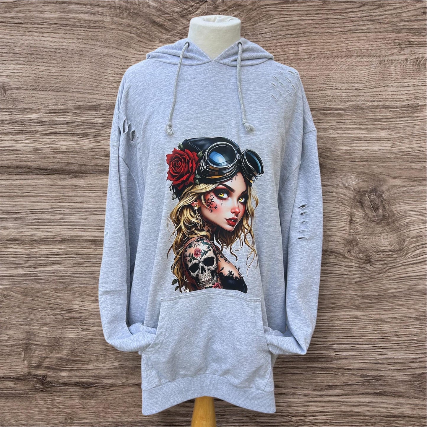 Fierce Rock Chick Hoodie – Distressed Grey Streetwear, Alternative Clothing for Him or Her, Vintage Vibe,
