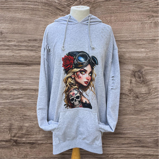 Fierce Rock Chick Hoodie – Distressed Grey Streetwear, Alternative Clothing for Him or Her, Vintage Vibe,