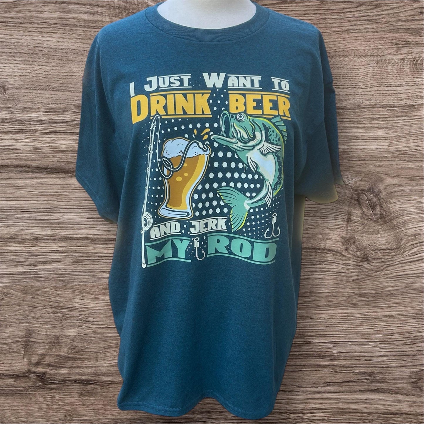Blue t-shirt with fishing graphic and text  for the fisherman in your life