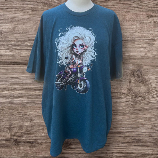 Midnight Blue t-shirt with a graphic design of a biker chic  gift