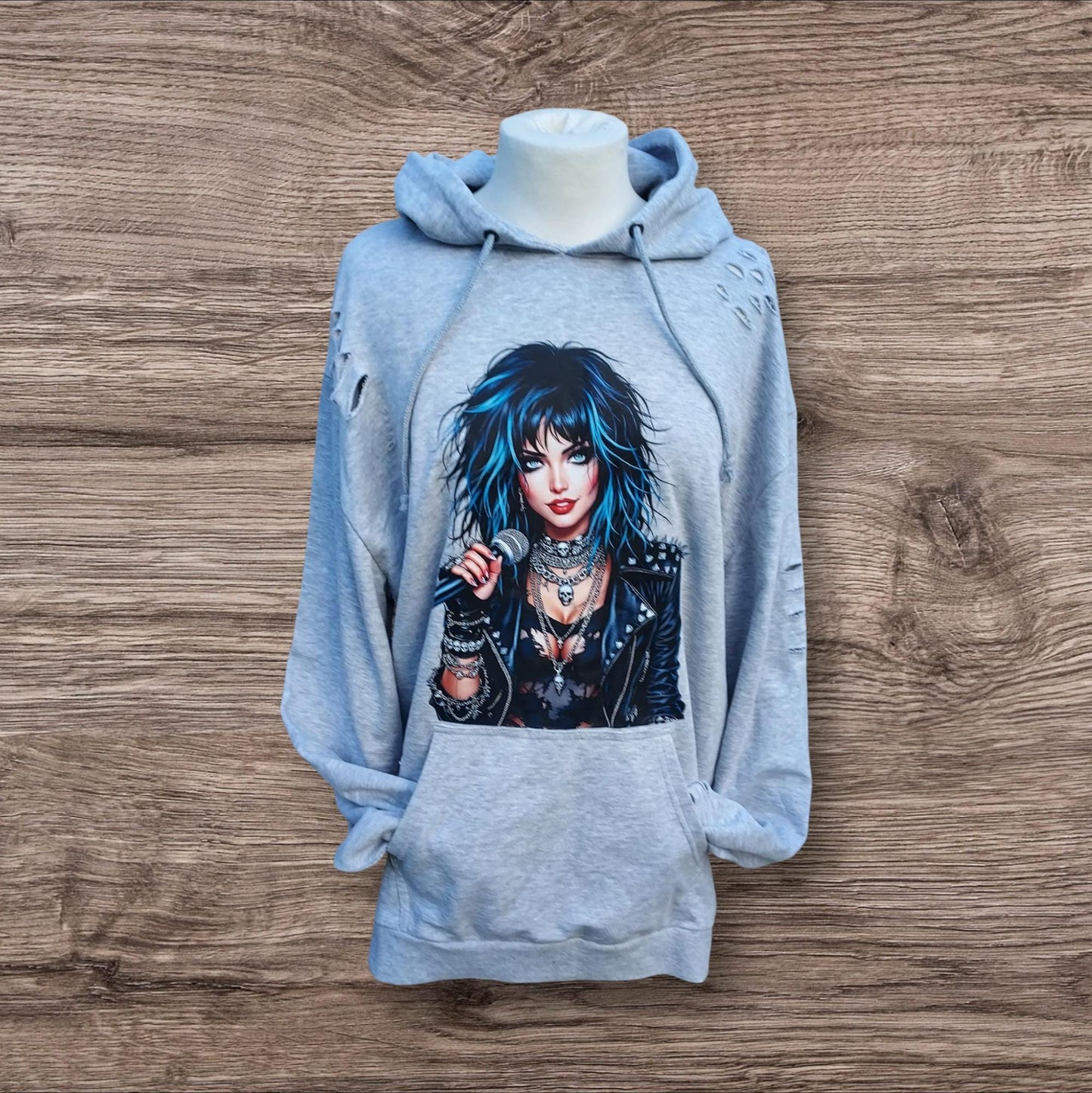 Edgy Rock Singer Hoodie – Distressed Grey Rock Style, Edgy Alternative Clothing for Him or Her
