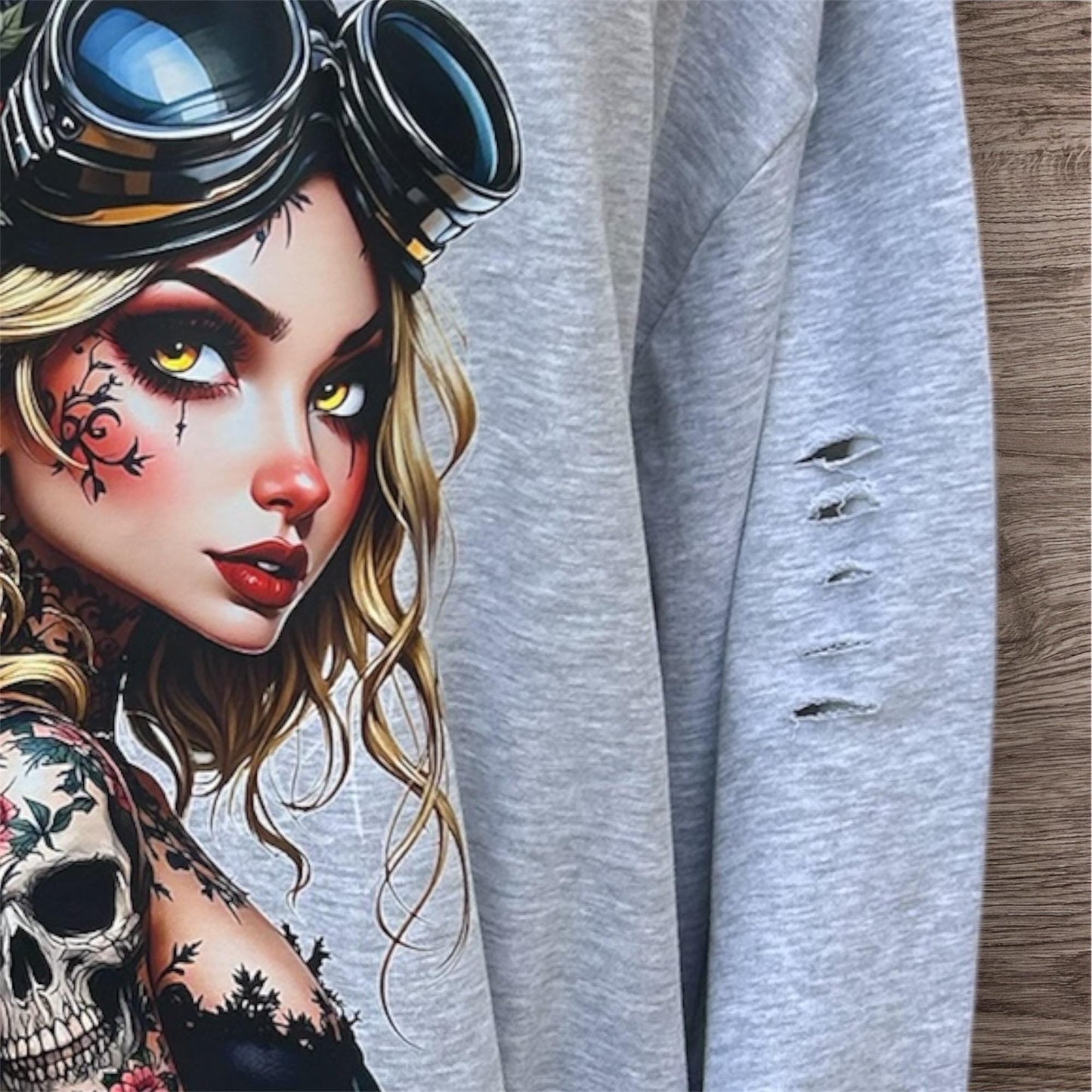 Fierce Rock Chick Hoodie – Distressed Grey Streetwear, Alternative Clothing for Him or Her, Vintage Vibe,