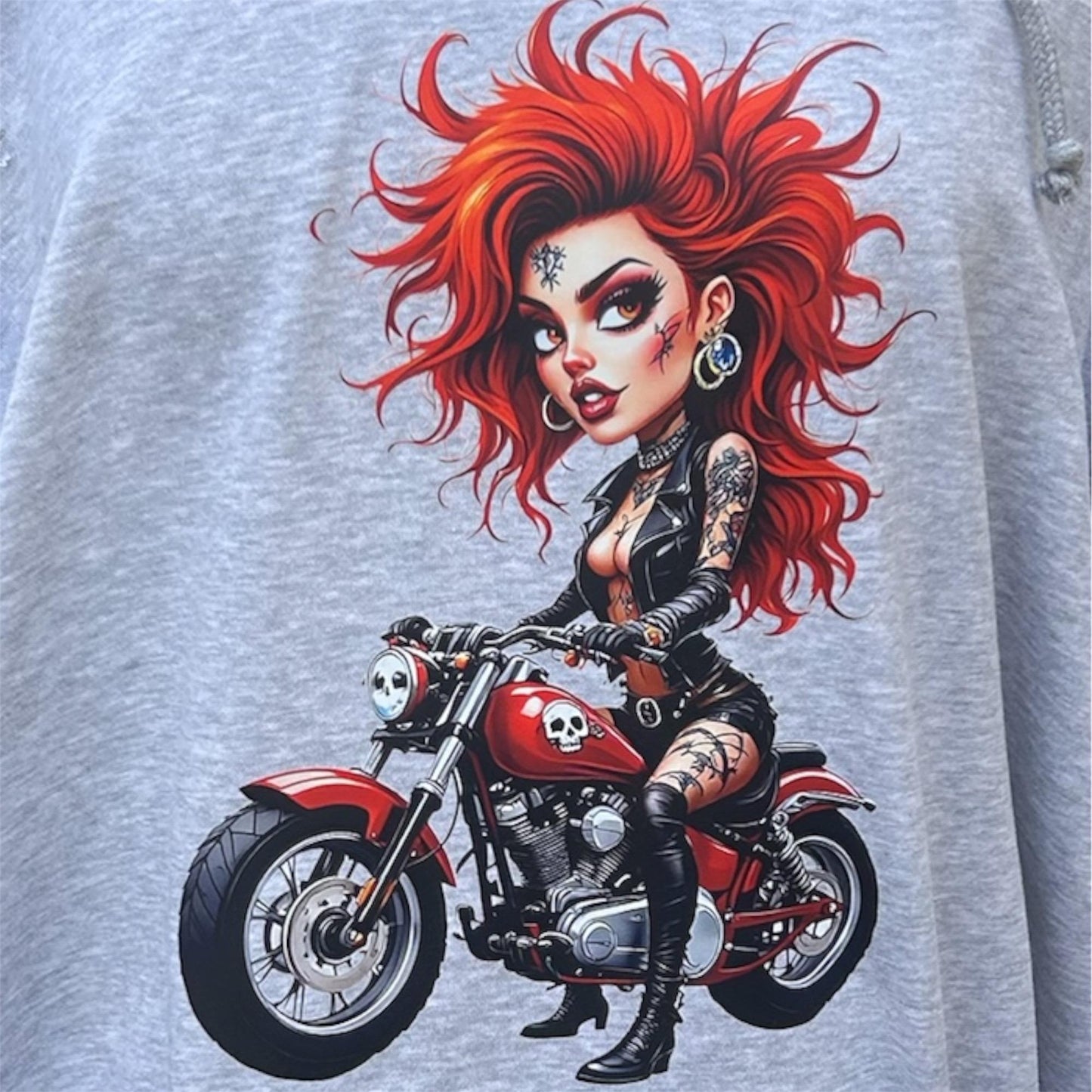 Rebel Girl with Red Hair Hoodie - Rock Chick, Black Distressed Clothing - Motorcycle Unisex Streetwear for Him or Her