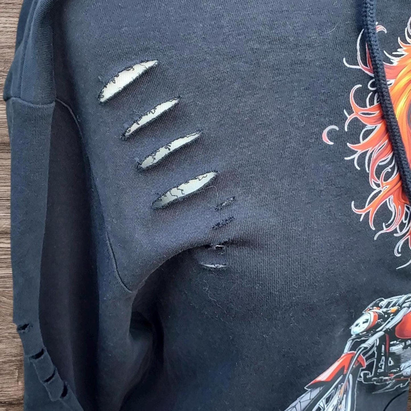 Rebel Girl with Red Hair Hoodie - Rock Chick, Black Distressed Clothing - Motorcycle Unisex Streetwear for Him or Her