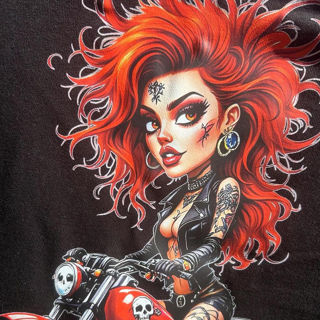 Rebel Girl with Red Hair Hoodie - Rock Chick, Black Distressed Clothing - Motorcycle Unisex Streetwear for Him or Her