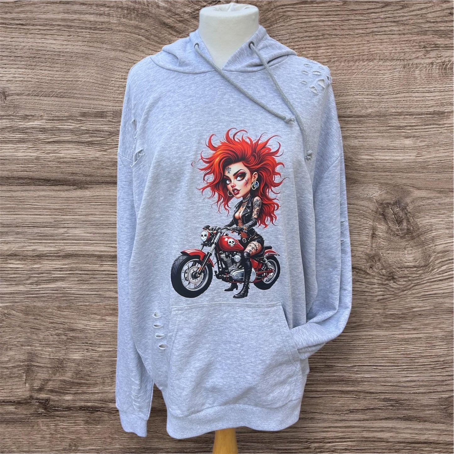 Rebel Girl with Red Hair Hoodie - Rock Chick, Black Distressed Clothing - Motorcycle Unisex Streetwear for Him or Her