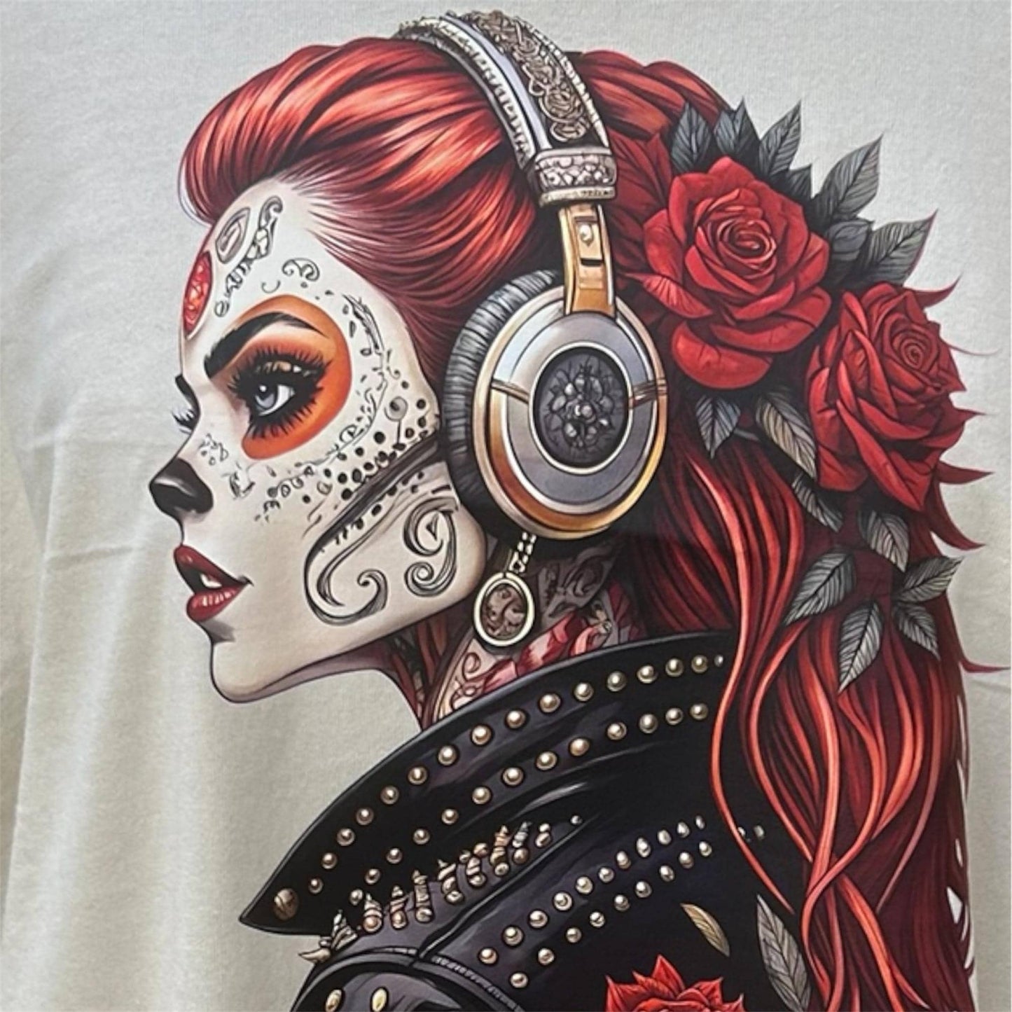 Day of the Dead Rock Chick T-shirt in Cream, Rebel Girl, Gifts for Him or Her, Vintage Vibe, Cook, style, attitude, Stylish