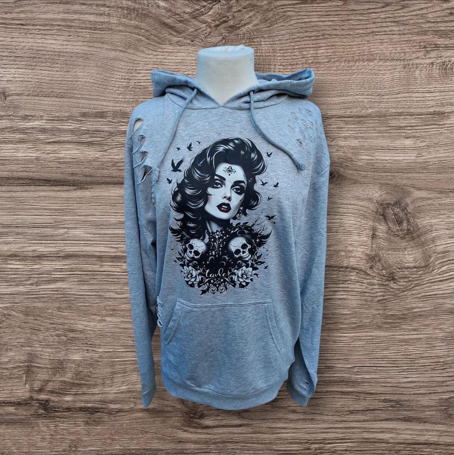 Tattoo Inspired Hoodie Rose Skull & Girl Art on Grey Distressed Edgy Gothic Top - Unisex Clothing for Him or Her