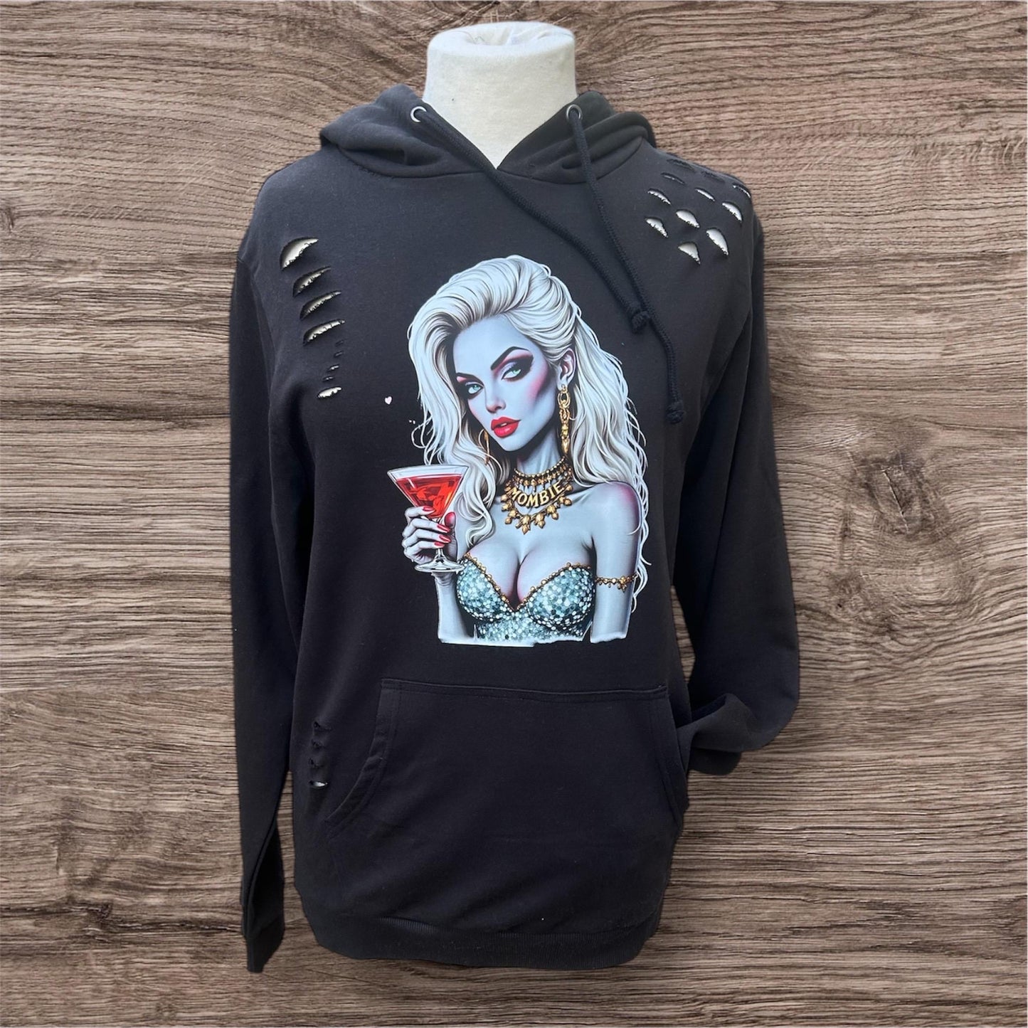 Zombie Mombie Hoodie – Distressed Grey Streetwear, Cocktail Chick, Alternative Clothing for Him or Her, Vintage Vibe,
