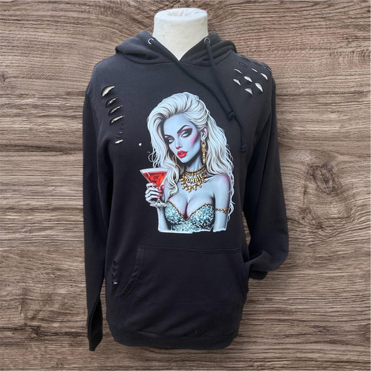 Zombie Mombie Hoodie – Distressed Grey Streetwear, Cocktail Chick, Alternative Clothing for Him or Her, Vintage Vibe,