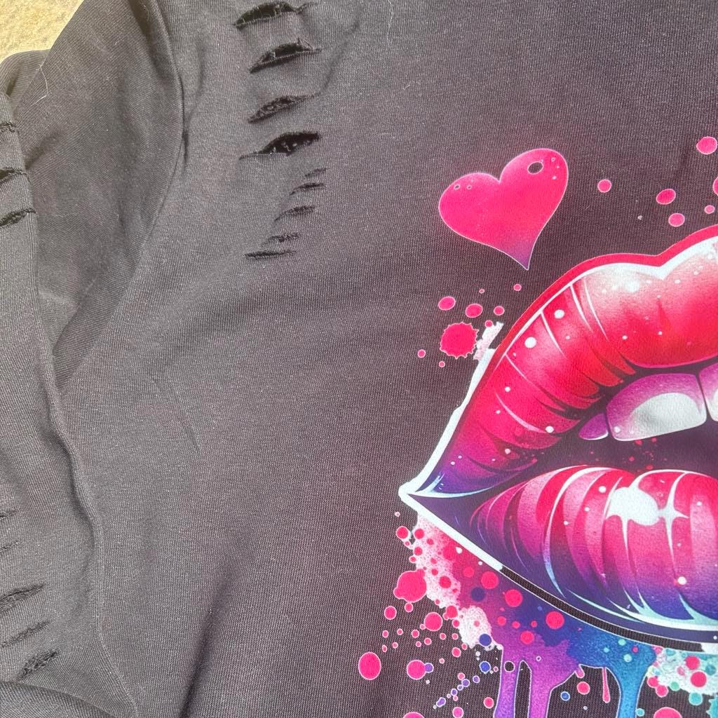 Vibrant Cherry Lips Unisex Hoodie - Trendy Grunge Distressed Look In Black for Him or Her