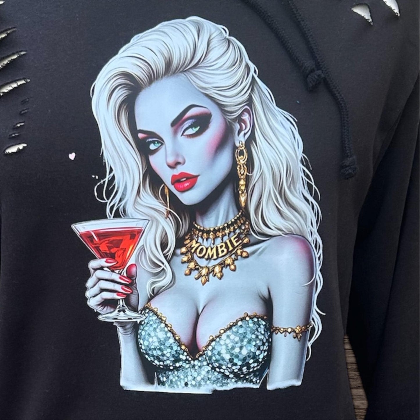 Zombie Mombie Hoodie – Distressed Grey Streetwear, Cocktail Chick, Alternative Clothing for Him or Her, Vintage Vibe,