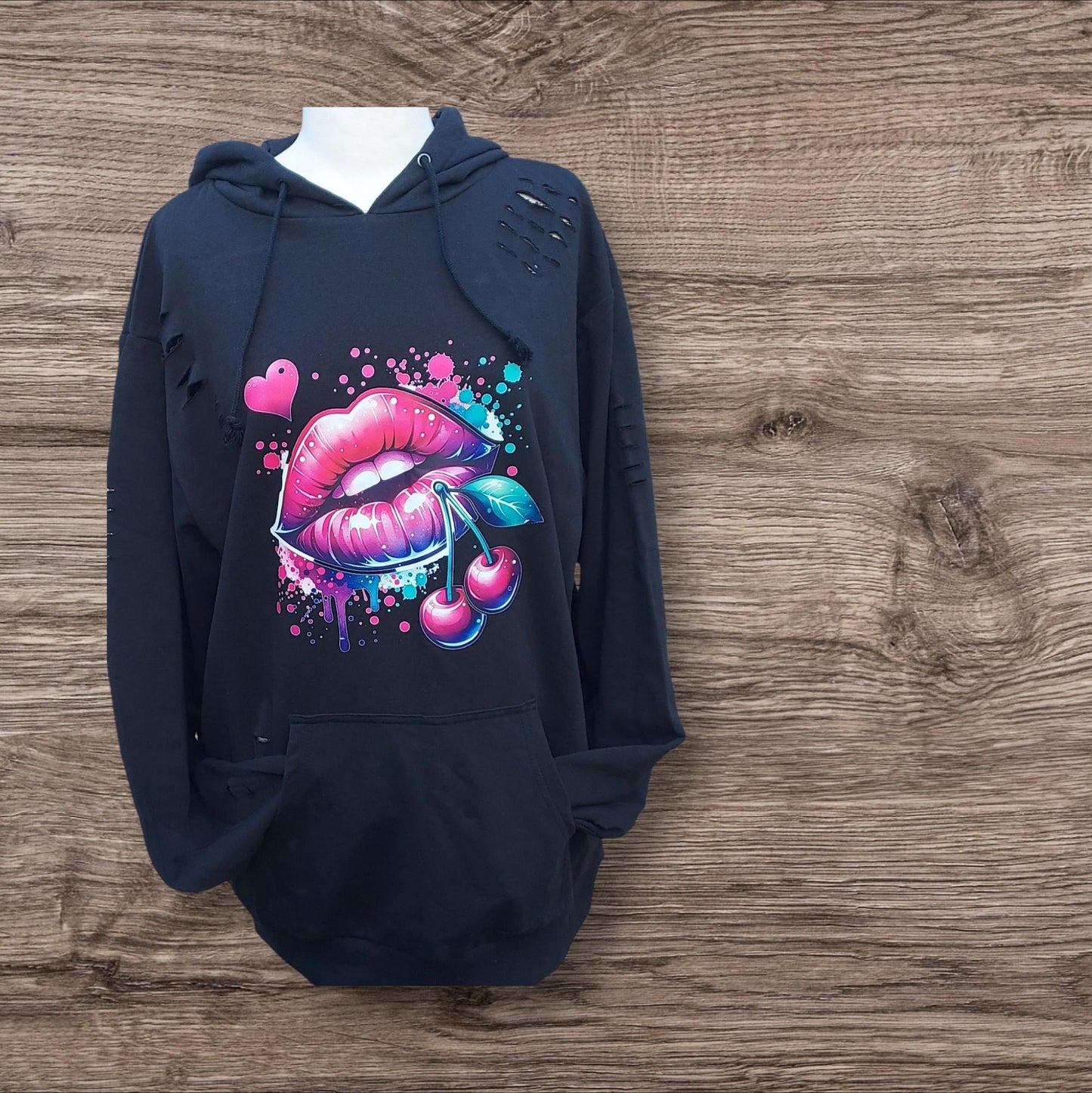 Vibrant Cherry Lips Unisex Hoodie - Trendy Grunge Distressed Look In Black for Him or Her