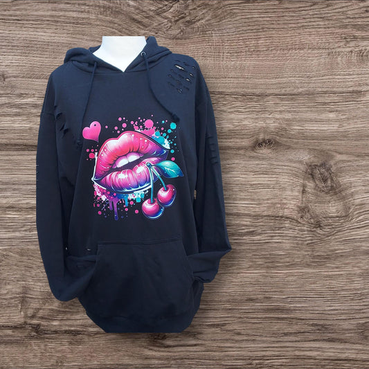 Vibrant Cherry Lips Unisex Hoodie - Trendy Grunge Distressed Look In Black for Him or Her