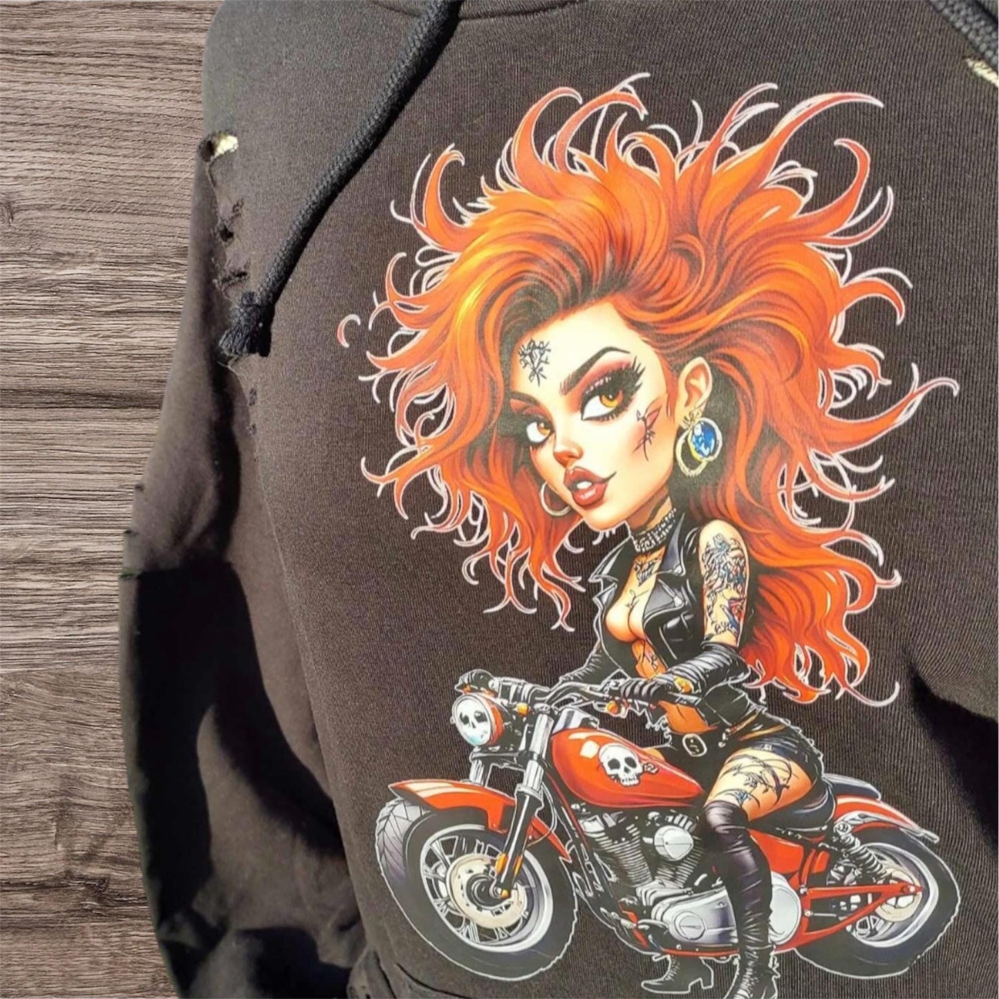 Rebel Girl with Red Hair Hoodie - Rock Chick, Black Distressed Clothing - Motorcycle Unisex Streetwear for Him or Her
